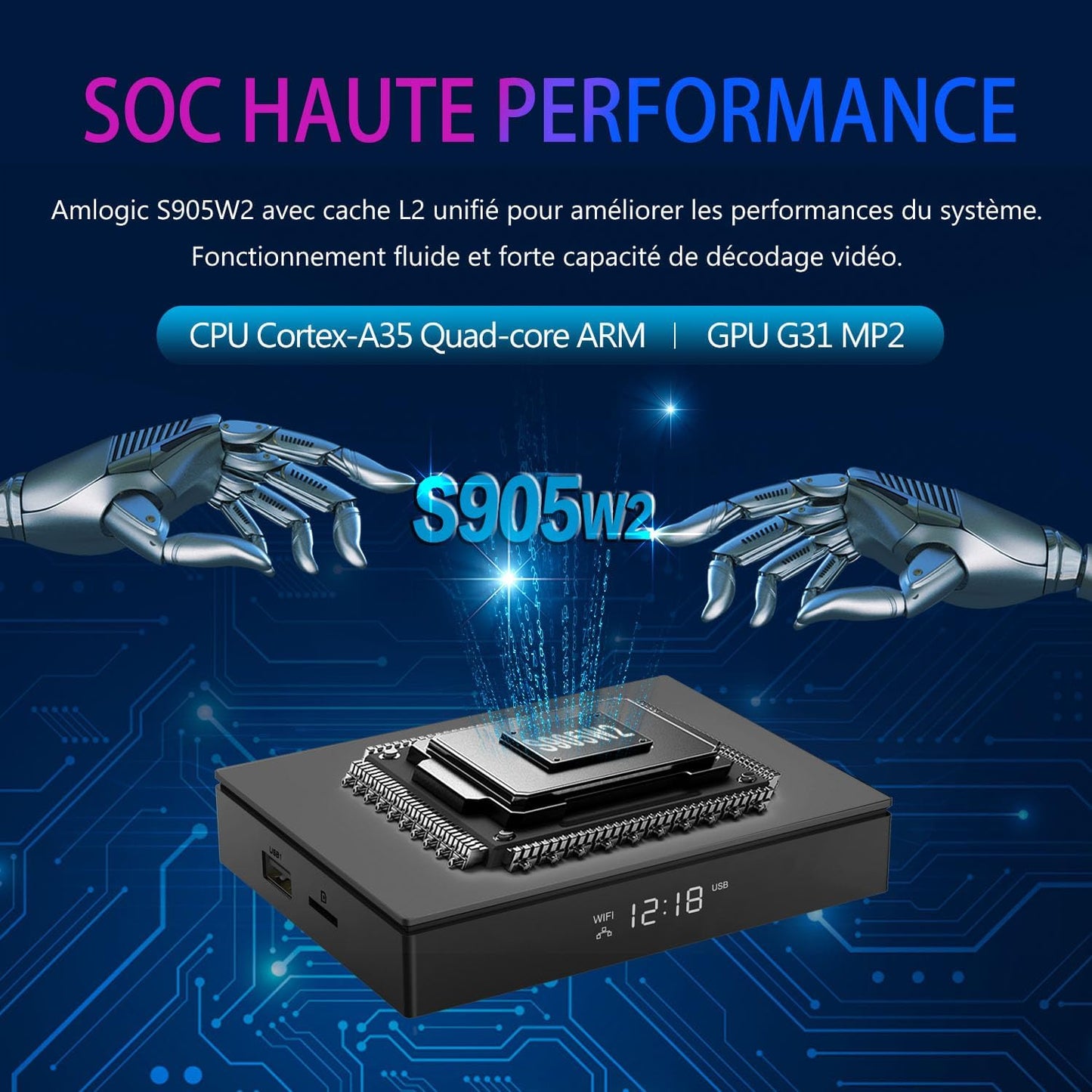 Android 11.0 TV Box avec Quad Core Arm Cortex-A35, 2 Go RAM 16 Go ROM, 4K HD, Double WiFi, Bluetooth 5.0 Smart Box