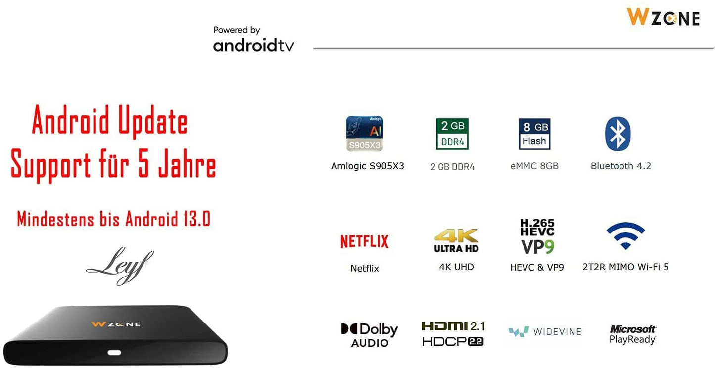 Leyf 4K Android TV Box Original Licensed by Google LLC and Netflix, Disney, Prime Video WiFi, Type-C, HDMI 2.1, USB 3.0, Ethernet, MicroSD/Smart TV, Chromecast, Youtube