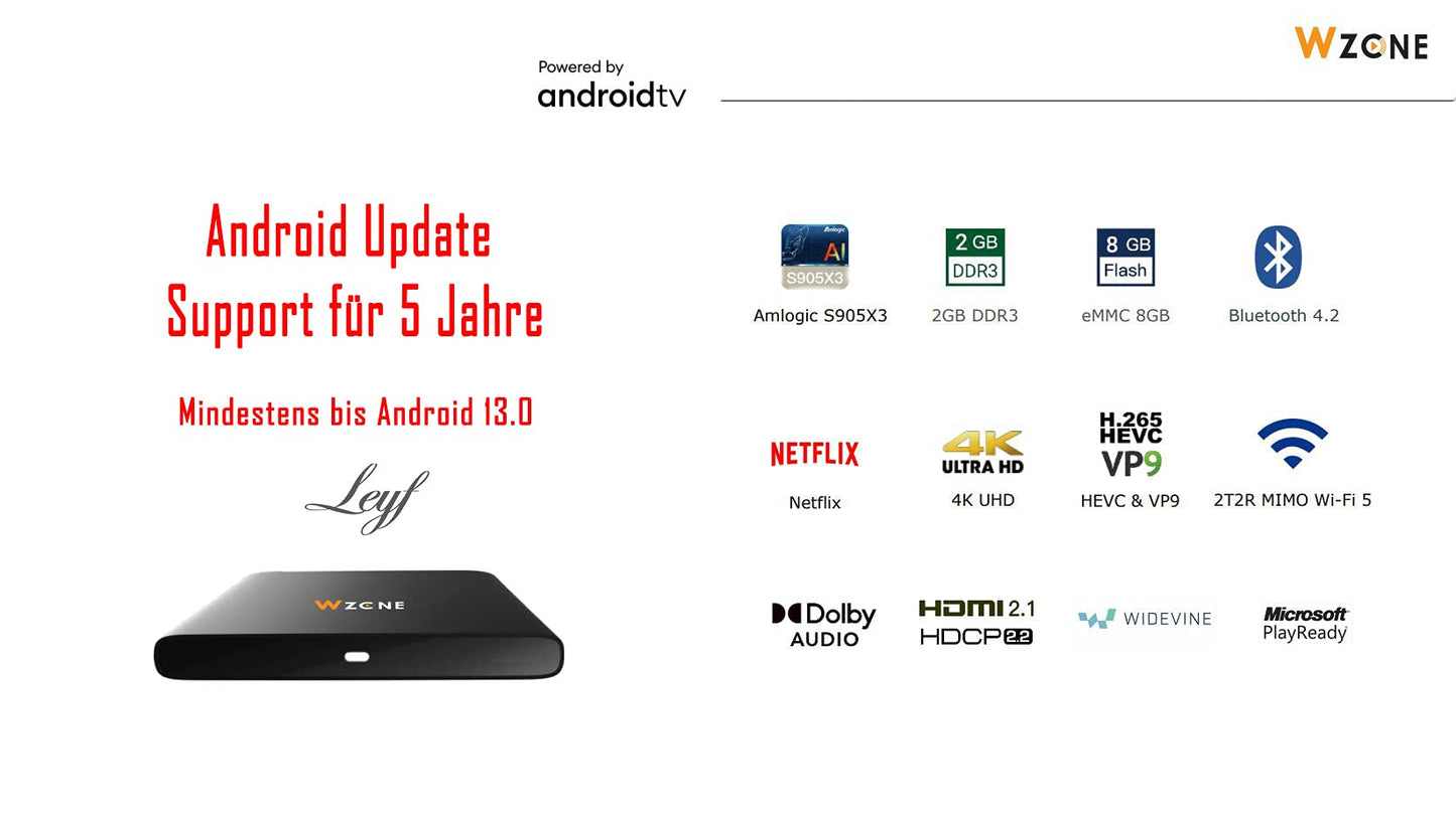 Leyf 4K Android TV Box Original Licensed by Google LLC and Netflix, Disney, Prime Video WiFi, Type-C, HDMI 2.1, USB 3.0, Ethernet, MicroSD/Smart TV, Chromecast, Youtube