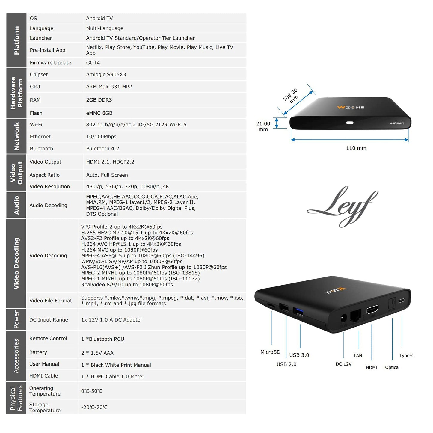 Leyf 4K Android TV Box Original Licensed by Google LLC and Netflix, Disney, Prime Video WiFi, Type-C, HDMI 2.1, USB 3.0, Ethernet, MicroSD/Smart TV, Chromecast, Youtube