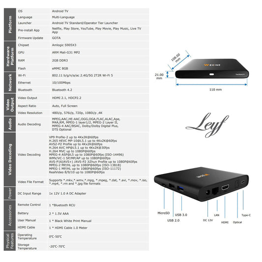 Leyf 4K Android TV Box Original Licensed by Google LLC and Netflix, Disney, Prime Video WiFi, Type-C, HDMI 2.1, USB 3.0, Ethernet, MicroSD/Smart TV, Chromecast, Youtube