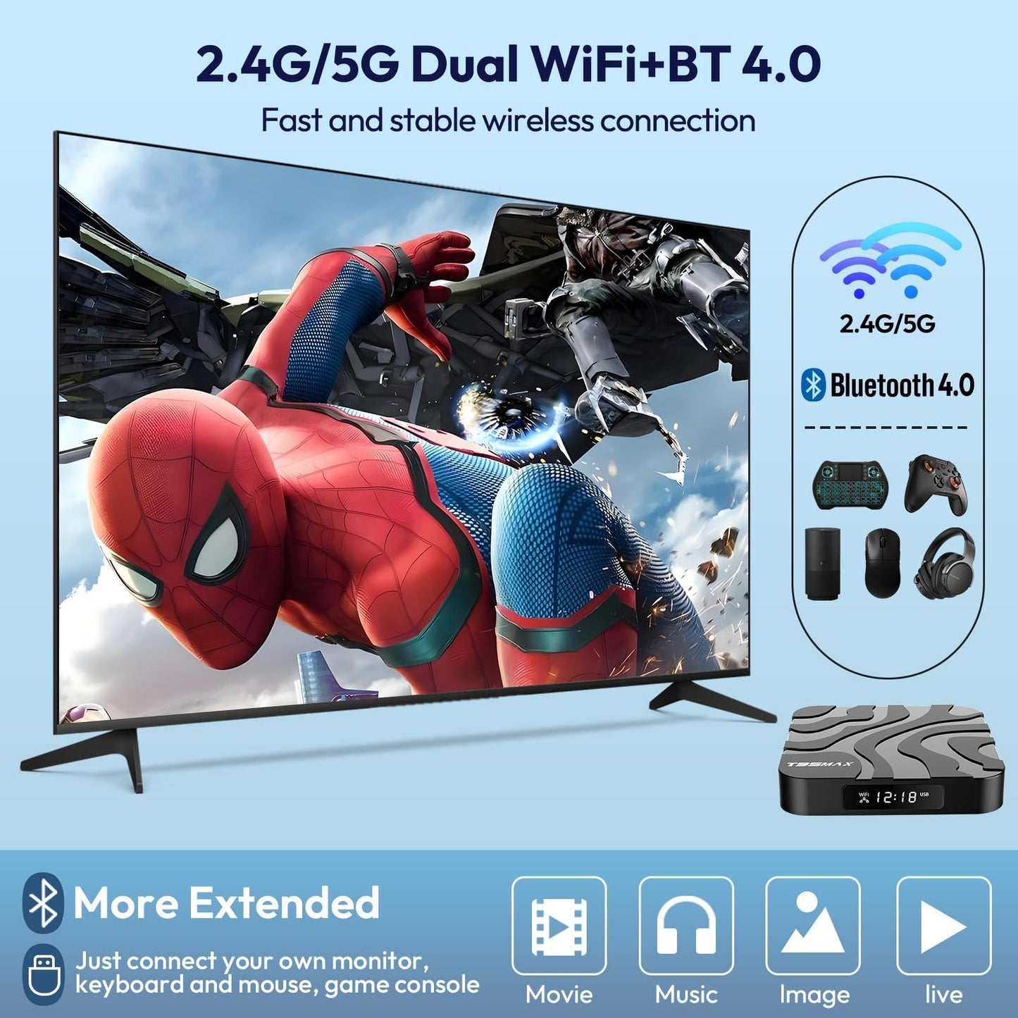 Android TV Box 12.0, T95MAX Android Box 4GB RAM 32GB ROM H618 Quad-Core CPU 6K TV Box Support 2.4/5G Dual WiFi Ethernet Bluetooth 4.0 H.265 Smart Box